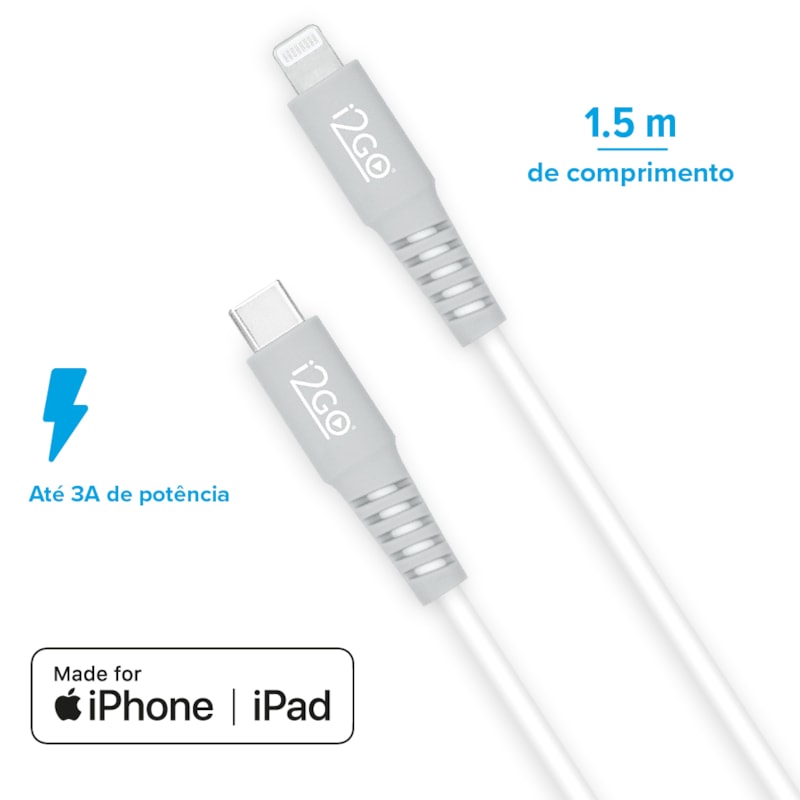 Segunda imagem do produto Kit Carregador de Parede Ultra Rápido com 1 Saída USB-C Power Delivery 20W + Cabo iPhone/Lightning + USB-C i2GO Certificado MFi 1,5m 3A Branco
