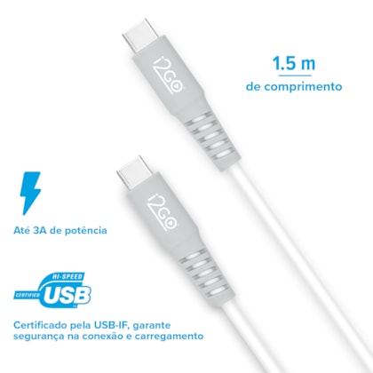 Segunda imagem do produto Kit Carregador de Parede Ultra Rápido com 1 Saída USB-C Power Delivery 20W + Cabo USB-C + USB-C I2GO 1,5m 3A Branco