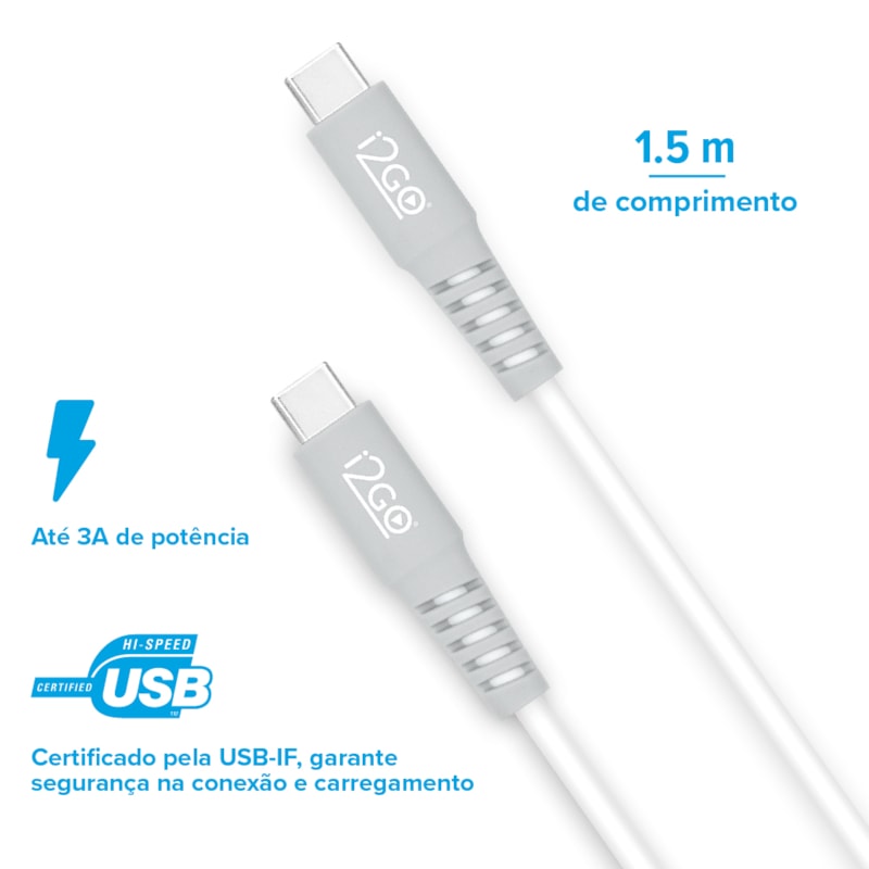 Segunda imagem do produto Kit Carregador de Parede Ultra Rápido com 1 Saída USB-C Power Delivery 20W + Cabo USB-C + USB-C I2GO 1,5m 3A Branco