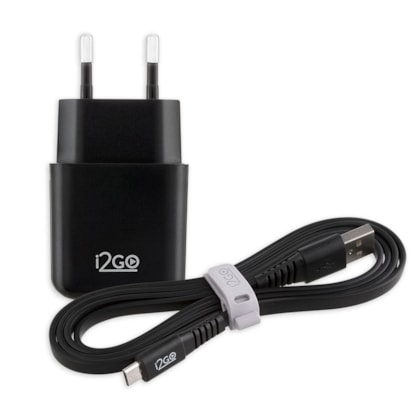 Kit Carregador de Parede USB 1A + Cabo USB-C 1,2m 2,4A i2GO Preto - i2GO Basic