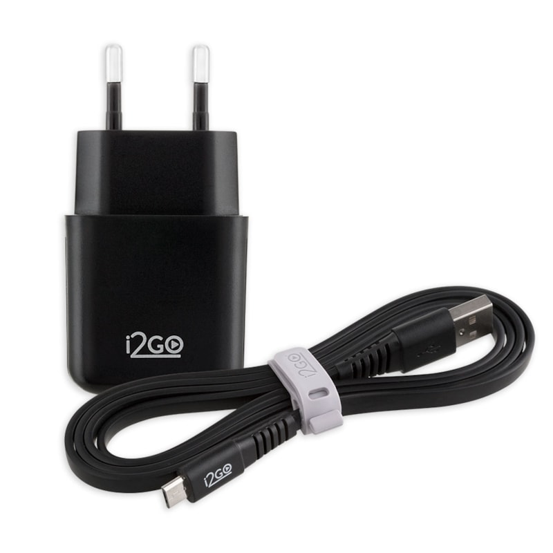 Kit Carregador de Parede USB 1A + Cabo USB-C 1,2m 2,4A i2GO Preto - i2GO Basic